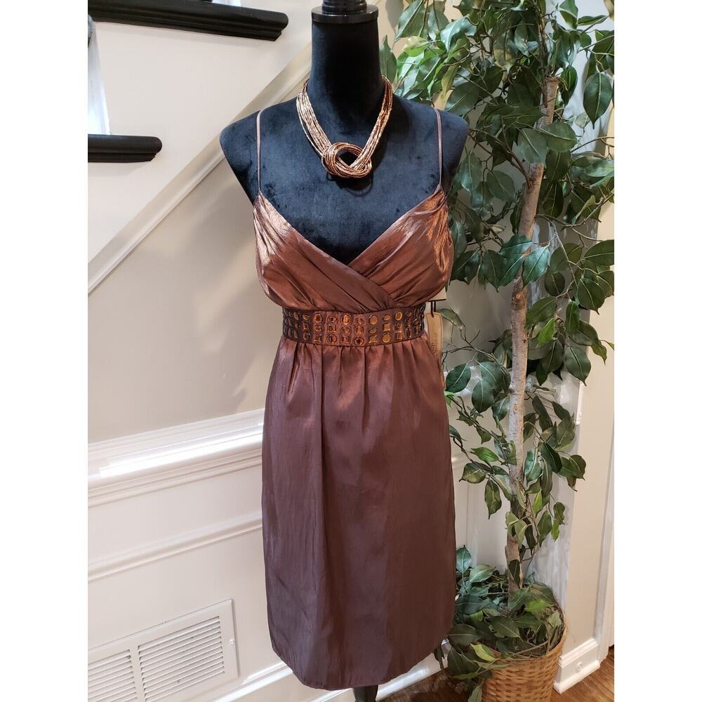 Roulette Women Brown Belted Spaghetti Straps Surplice Neck Knee Length Dress 12